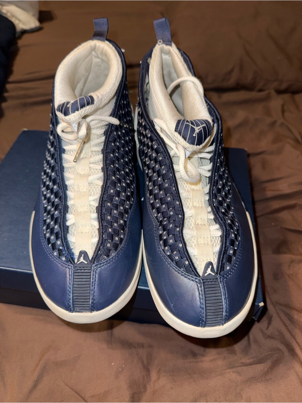 Jordan 15 Men's Navy and White Woven High-Top Sneakers